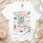 White t-shirt with "Jennifer's Bach" and "Her Last Rodeo" graphics.