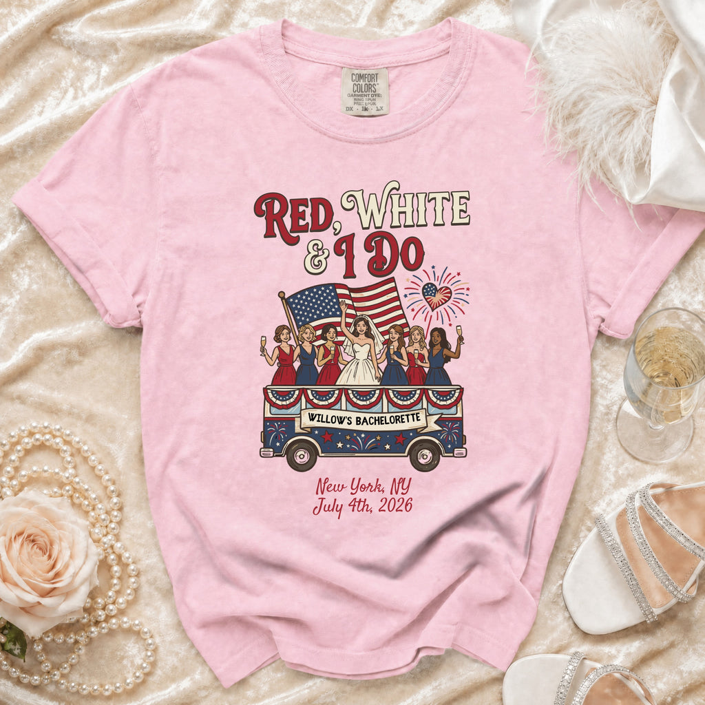 Bachelorette t-shirt with patriotic bride and bridesmaids on bus, "Willow's Bachelorette" text.