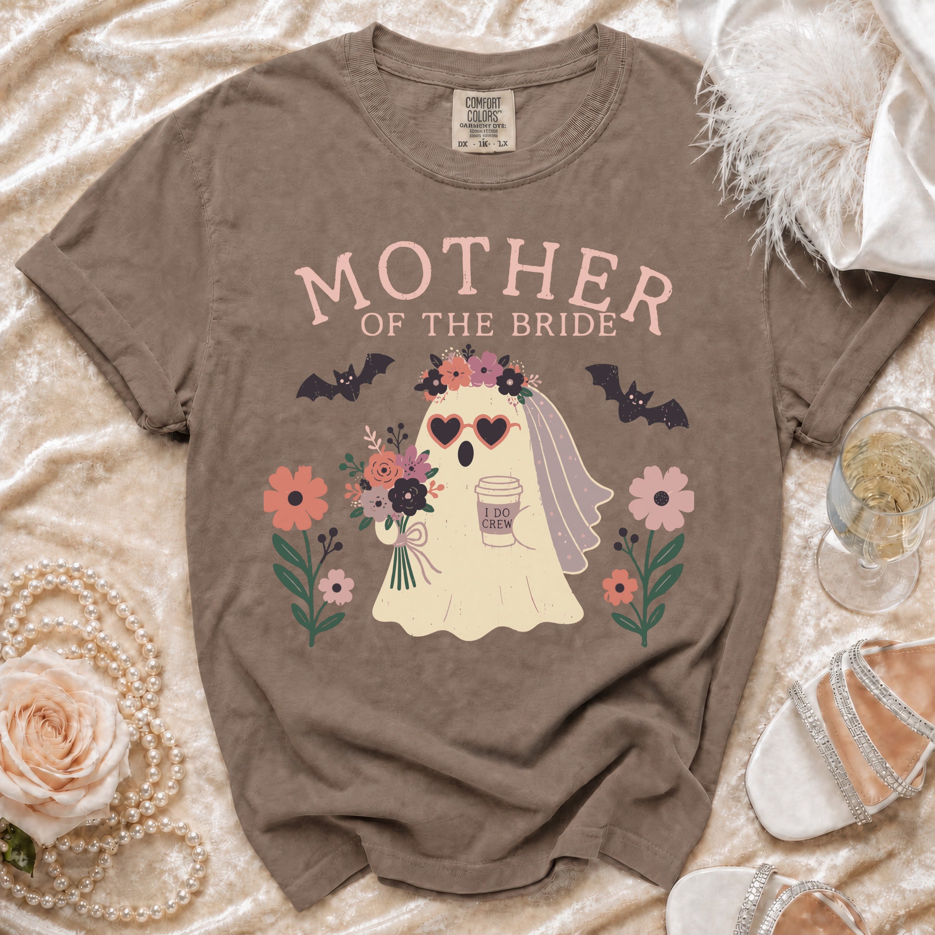 Brown t-shirt with "MOTHER OF THE BRIDE" and a ghost bride graphic.