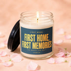Candle with dark blue label reading "Light When: First Home, First Memories the Boxes Can Wait Vowed."