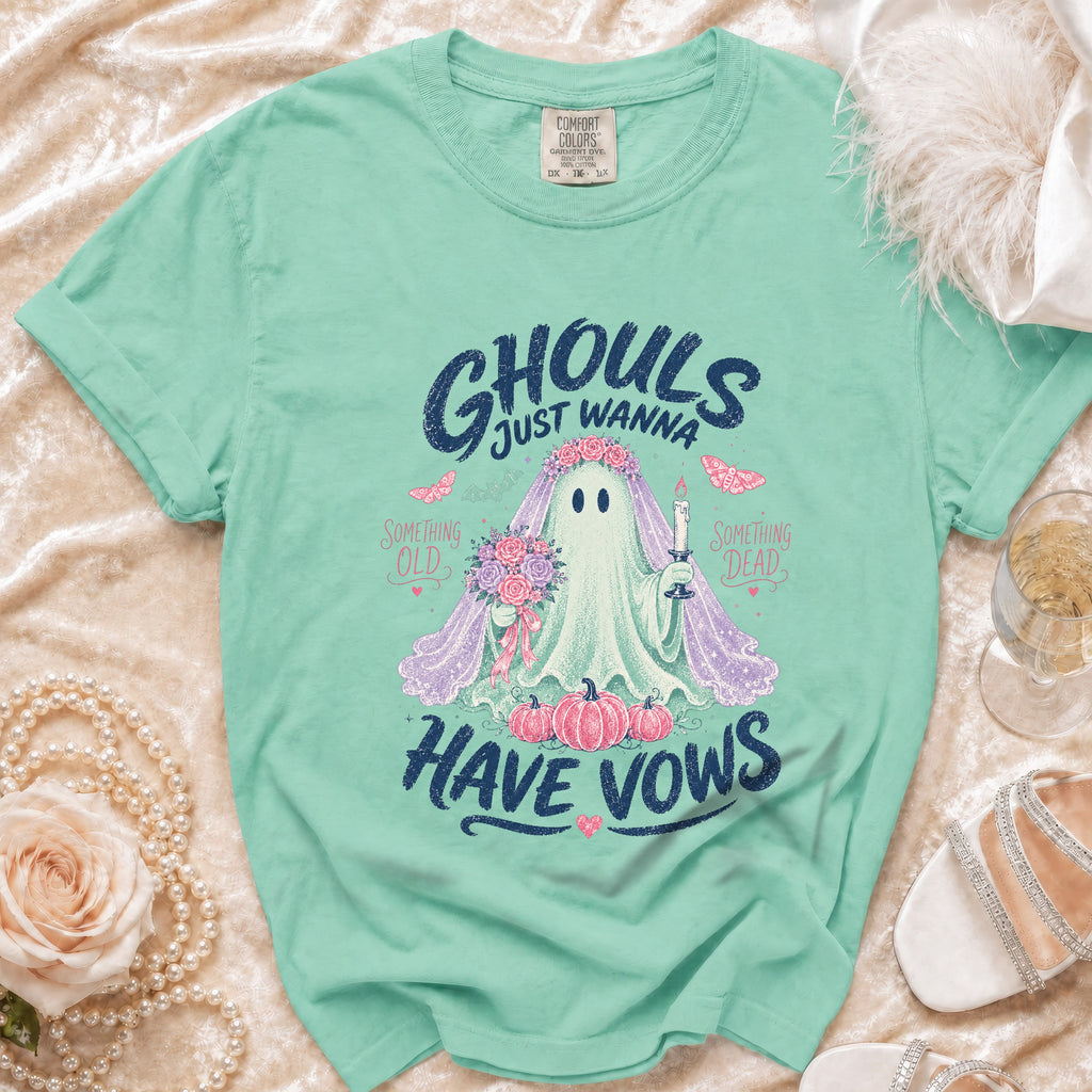 Mint t-shirt with "GHOULS JUST WANNA HAVE VOWS" text and ghost bride graphic.