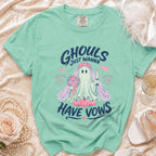 Mint t-shirt with "GHOULS JUST WANNA HAVE VOWS" text and ghost bride graphic.
