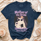Navy t-shirt with "Mother of the Bride Spooktacular Since Day One" graphic.