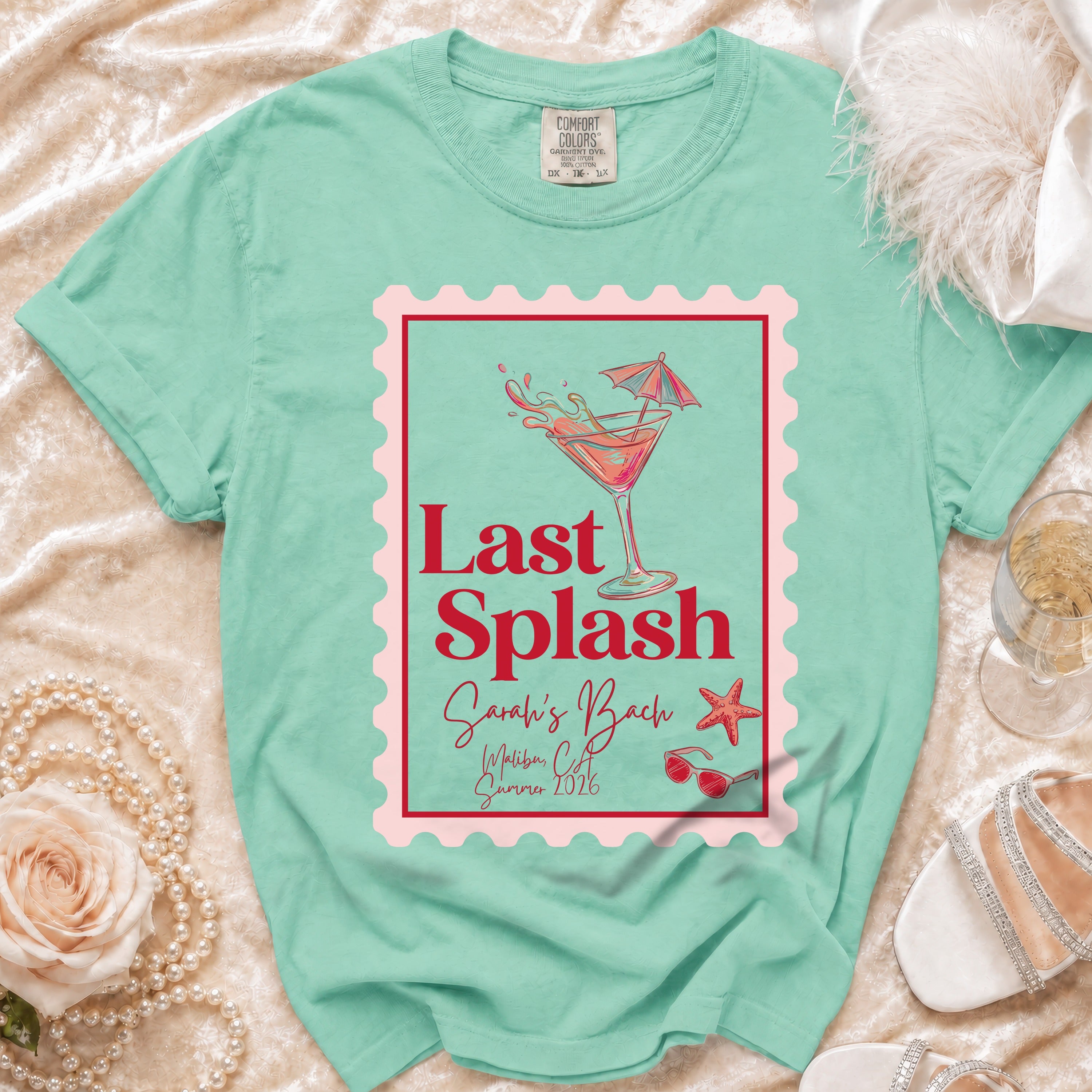"Last Splash" t-shirt with cocktail, umbrella, starfish, and text.