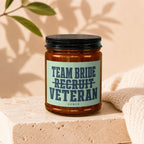 Amber jar candle with "Team Bride Recruit Veteran" text and "Vowed".