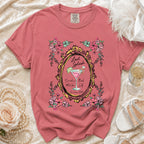 Pink t-shirt with "Last Splash Sarah's Bach Malibu CA Summer 2026" text and floral frame.
