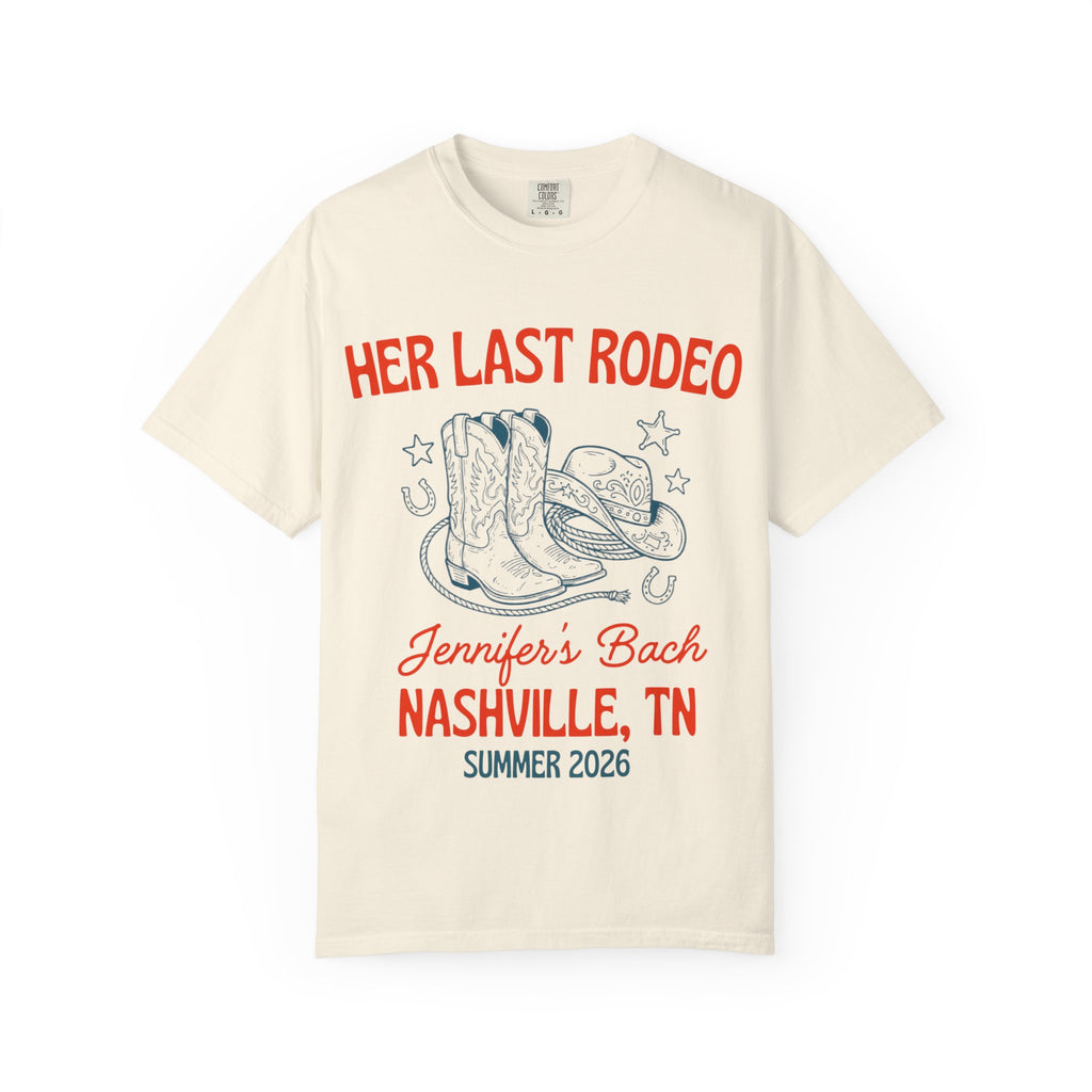 T-shirt with "Her Last Rodeo" and Nashville bachelorette party details.