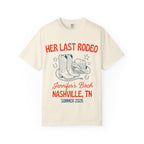 T-shirt with "Her Last Rodeo" and Nashville bachelorette party details.
