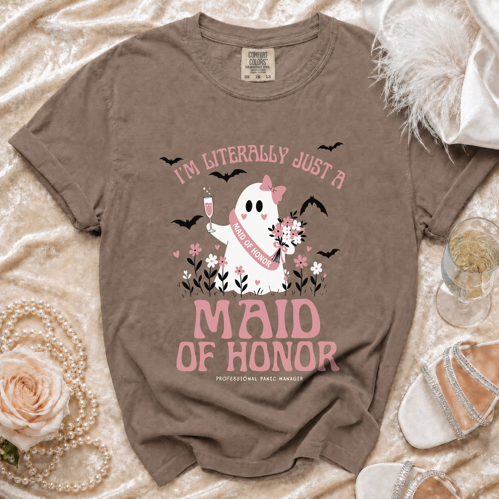 Brown t-shirt with a ghost graphic that reads "I'm Literally Just A Maid Of Honor".
