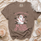 Brown t-shirt with a ghost graphic that reads "I'm Literally Just A Maid Of Honor".