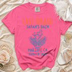 Pink t-shirt with "Last Splash Sarah's Bach Malibu, CA Summer 2026" text and flamingo design.