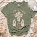 Green t-shirt with "Mother of the Bride Just Here for the Boo-quet" and ghost design.