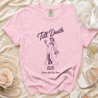 Pink t-shirt with skeleton bride graphic and text "Till Death DO US PARTY Bride's Last Boo Bash".