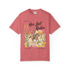 T-shirt with "Her Last Rodeo" graphic featuring a cowboy on a horse.