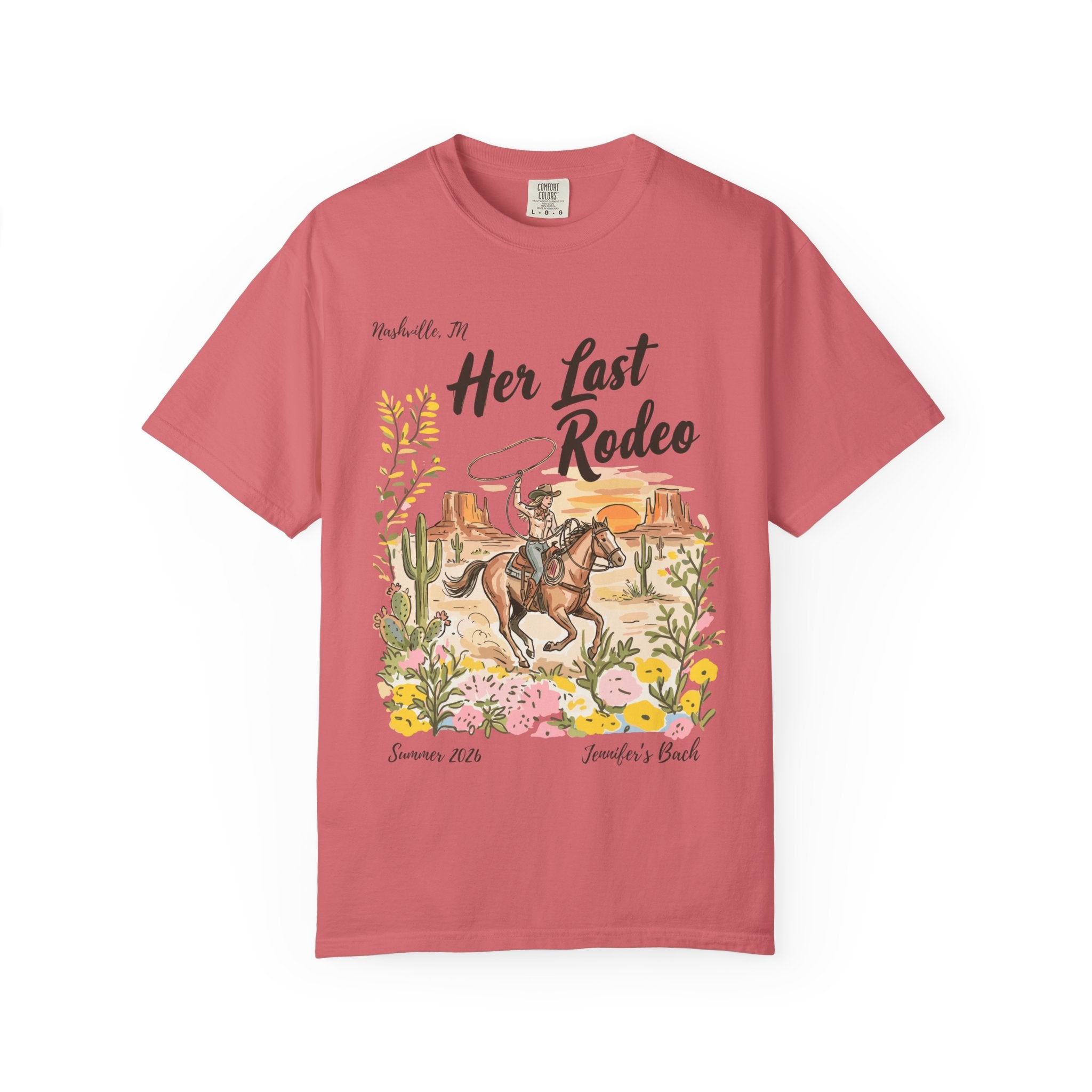 T-shirt with "Her Last Rodeo" graphic featuring a cowboy on a horse.