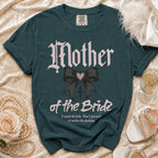 Teal t-shirt with "Mother of the Bride" text, a bow, and a wedding planning quote.