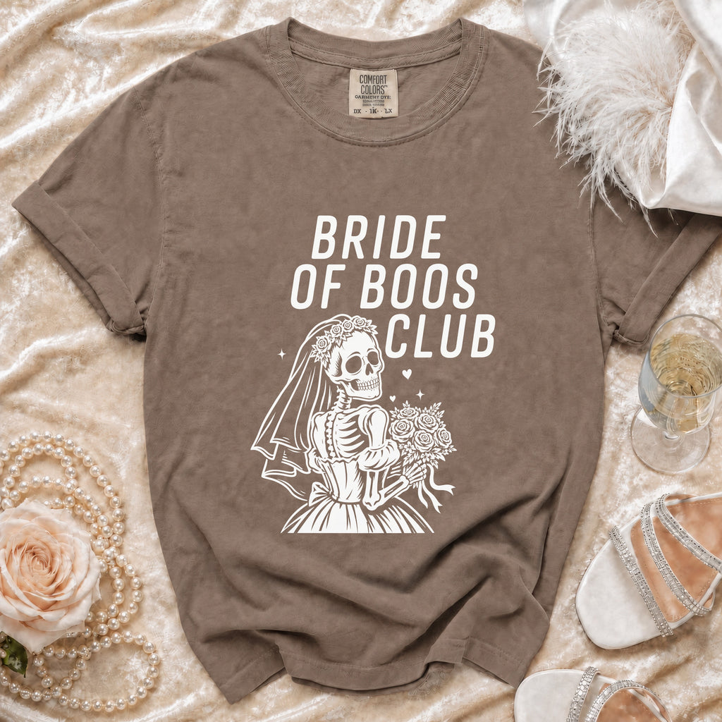 T-shirt with skeleton bride graphic and text "BRIDE OF BOOS CLUB".