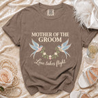 Brown t-shirt with "Mother of the Groom" and "Love takes flight" text.