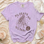 Lilac t-shirt with skeleton bride graphic and text "Til Death Do Us Part".