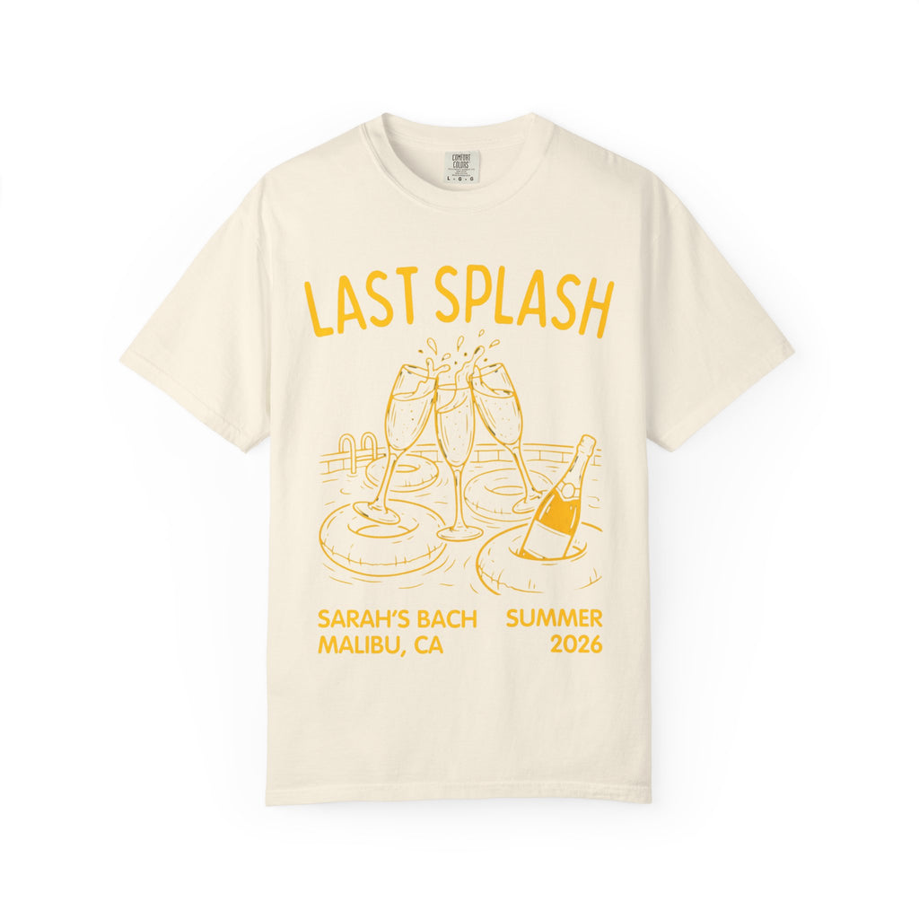 "Last Splash" t-shirt with champagne glasses, rings, and bottle graphic.