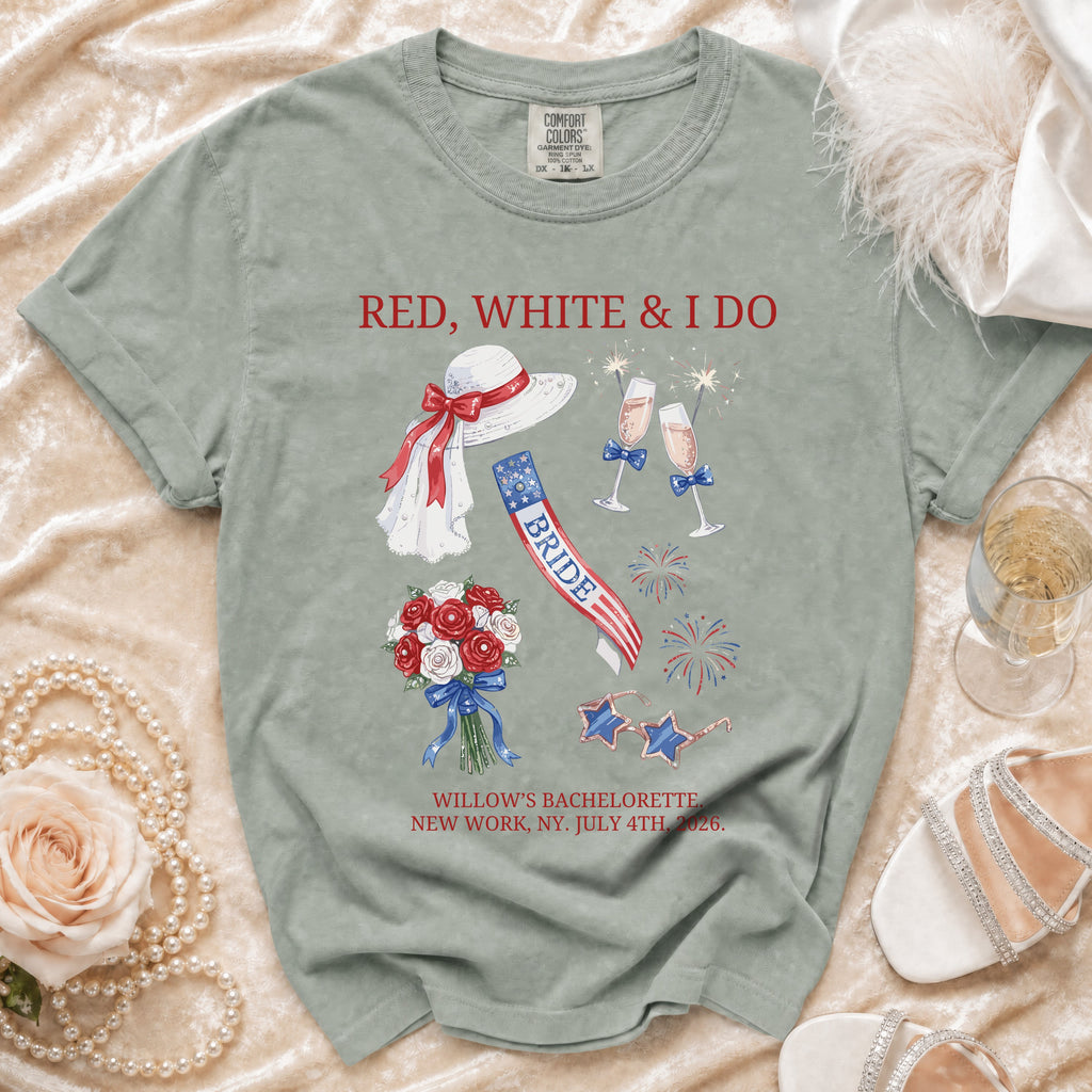 Bride t-shirt with "Red, White & I Do" text, July 4th bachelorette graphic.