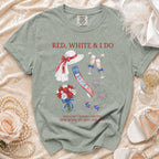 Bride t-shirt with "Red, White & I Do" text, July 4th bachelorette graphic.