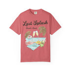 "Last Splash Sarah's Bach" text over beach scene with swimsuits and champagne.