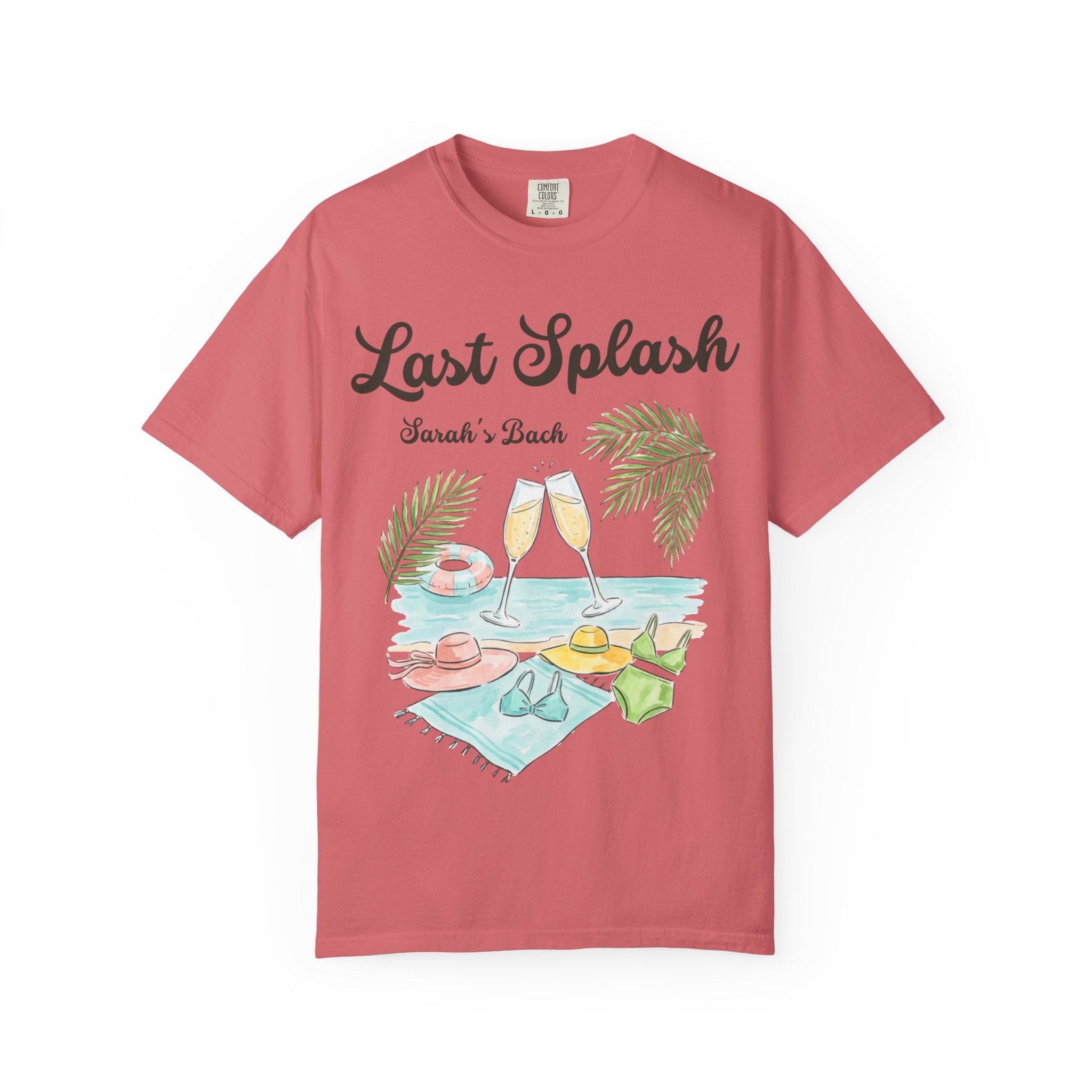 "Last Splash Sarah's Bach" text over beach scene with swimsuits and champagne.