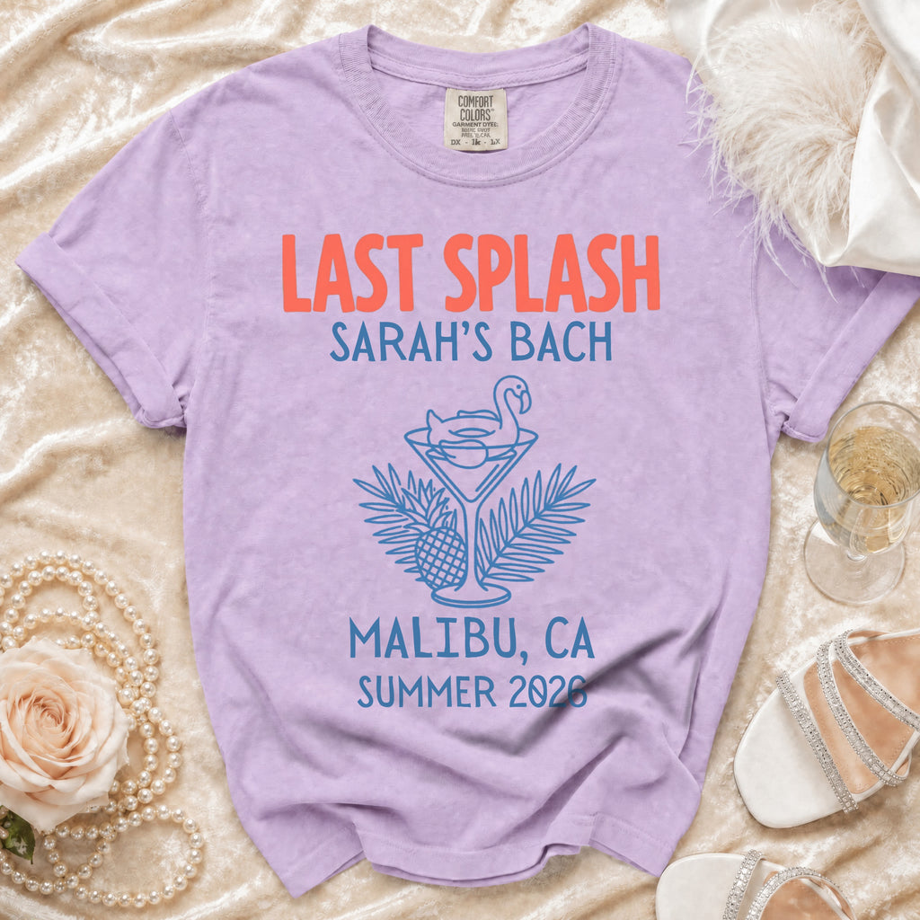 Purple t-shirt with "Last Splash Sarah's Bach Malibu, CA Summer 2026" text.