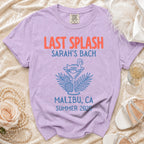 Purple t-shirt with "Last Splash Sarah's Bach Malibu, CA Summer 2026" text.