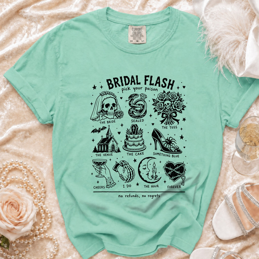Mint green t-shirt with "Bridal Flash" graphic of wedding icons and text.