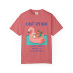 Coral t-shirt with "Last Splash" text and graphic of women on a flamingo float.