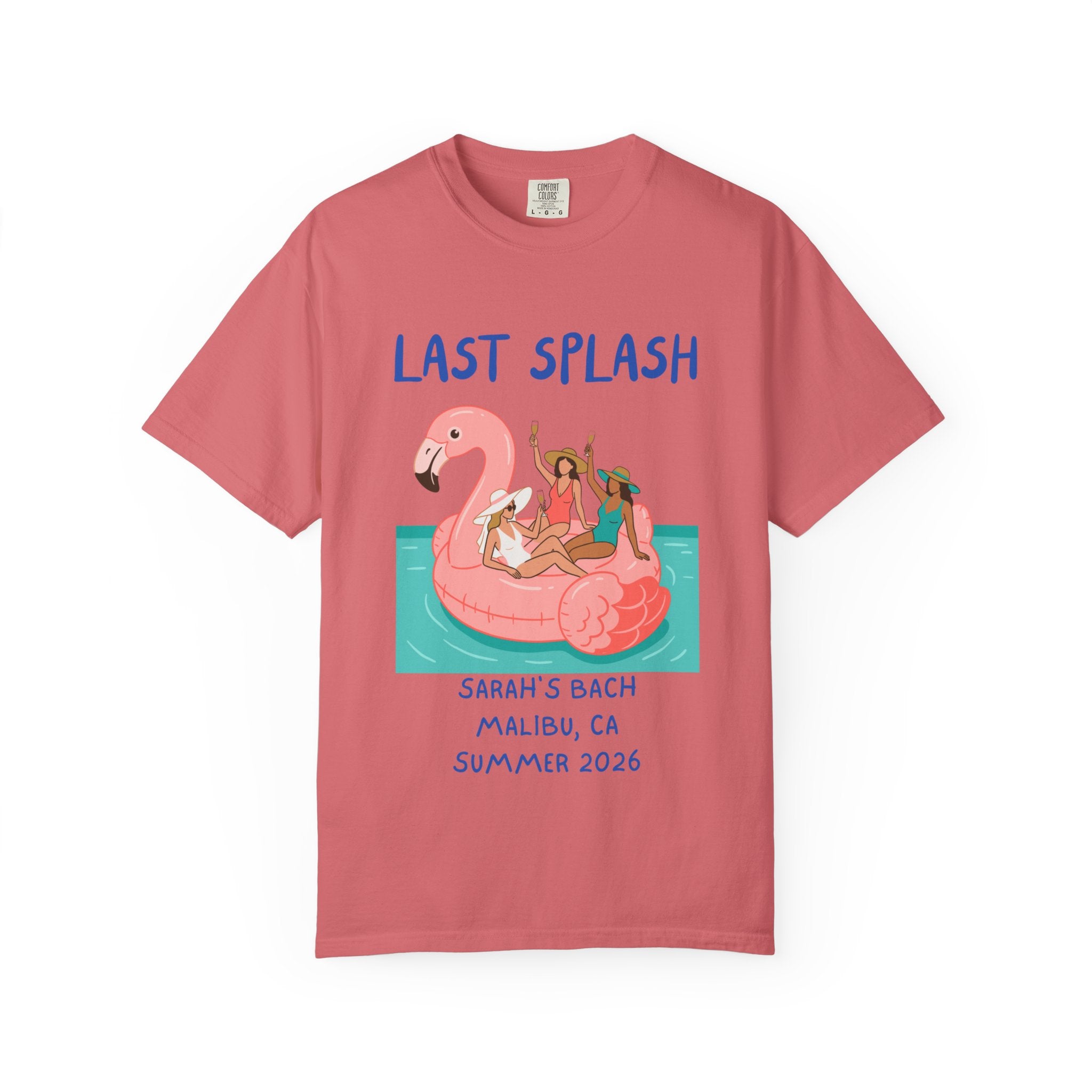 Coral t-shirt with "Last Splash" text and graphic of women on a flamingo float.