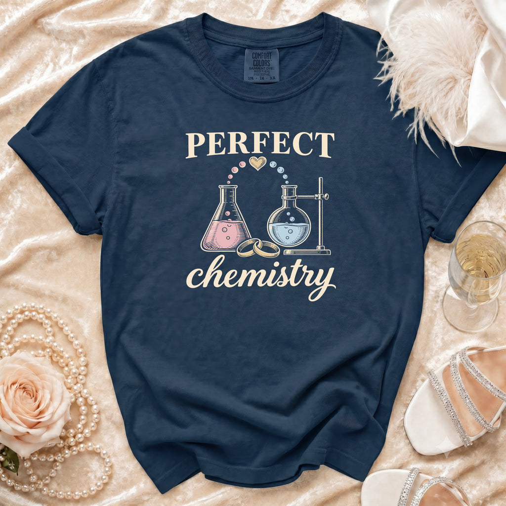 Navy t-shirt with "PERFECT chemistry" and lab beakers graphic.