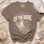 Brown t-shirt with "mother OF THE BRIDE RAISING THE BOO SINCE DAY ONE" and ghost graphic.