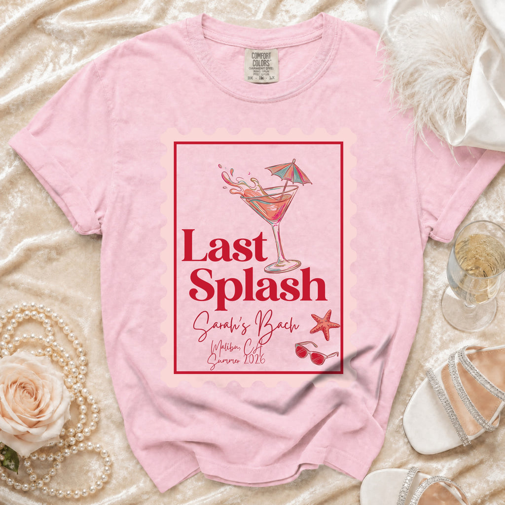 Pink t-shirt with "Last Splash Sarah's Bach" and beach graphics.