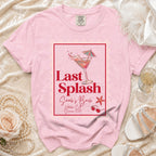 Pink t-shirt with "Last Splash Sarah's Bach" and beach graphics.