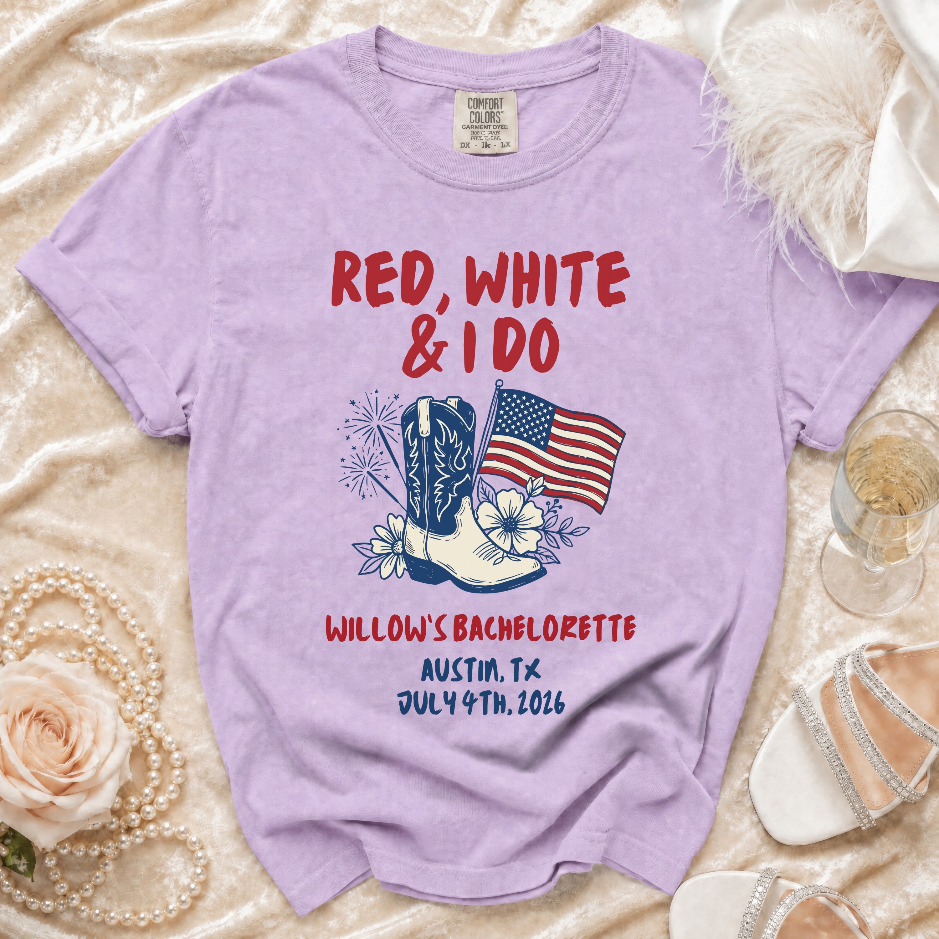 Purple t-shirt for Willow's Bachelorette, red, white, and I do design.
