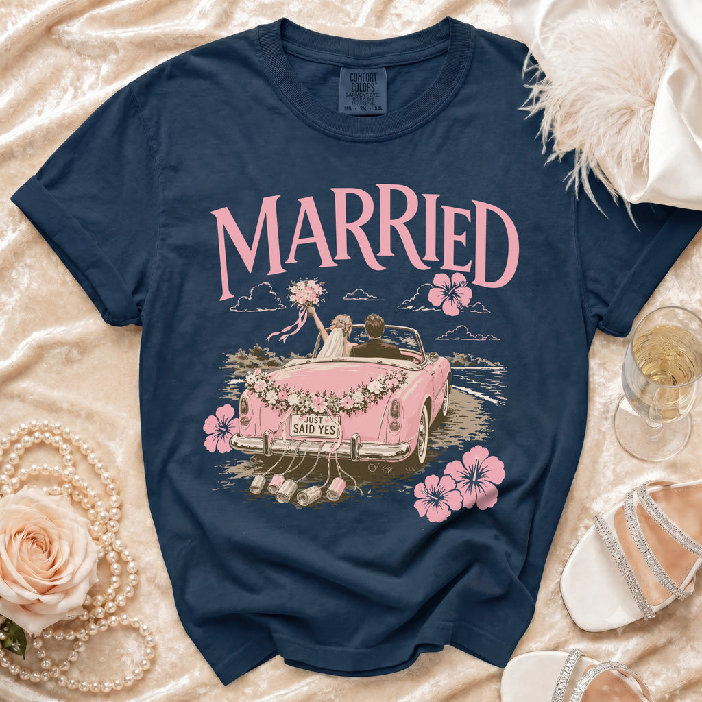 Navy t-shirt with "MARRIED" and a pink wedding car graphic.