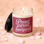 Candle with lit wick and title "Proud Parent of a Newlywed Vowed".