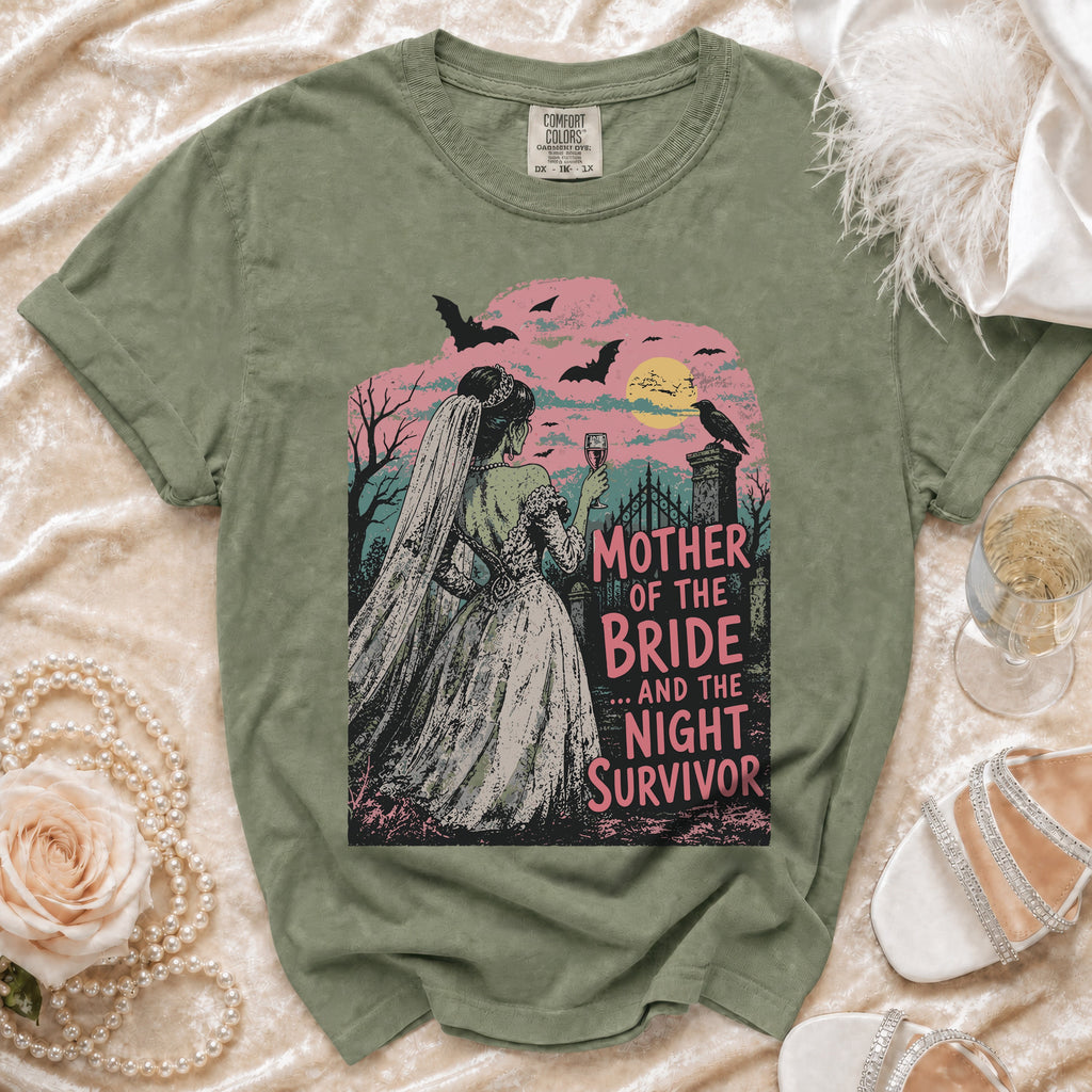 Green t-shirt graphic with a bride, bats, and text "Mother of the Bride ...and the Night Survivor".