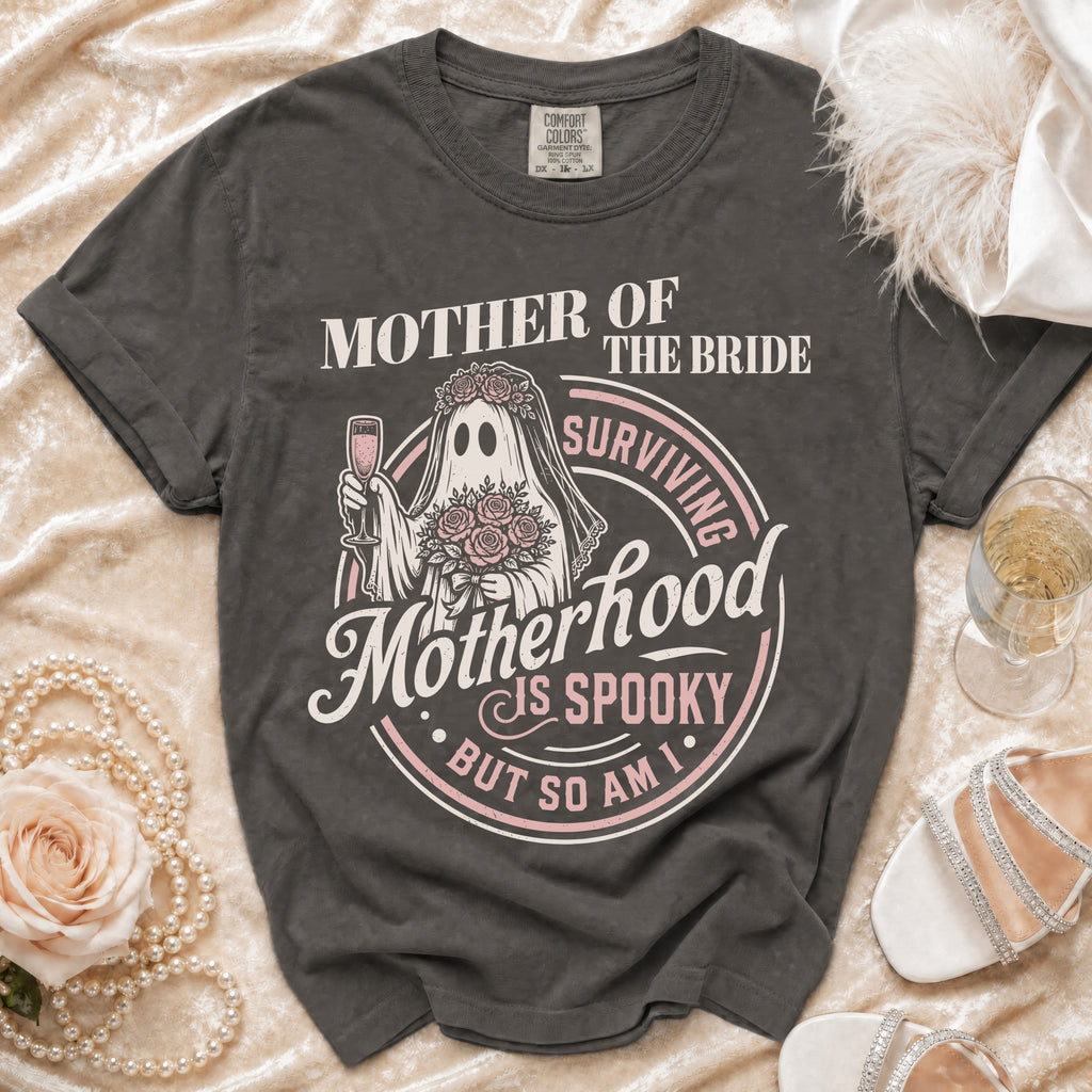 Mother of the Bride shirt with ghost, bouquet, and text.