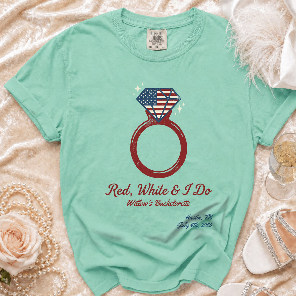 Red, White & I Do bachelorette t-shirt with diamond ring and American flag.