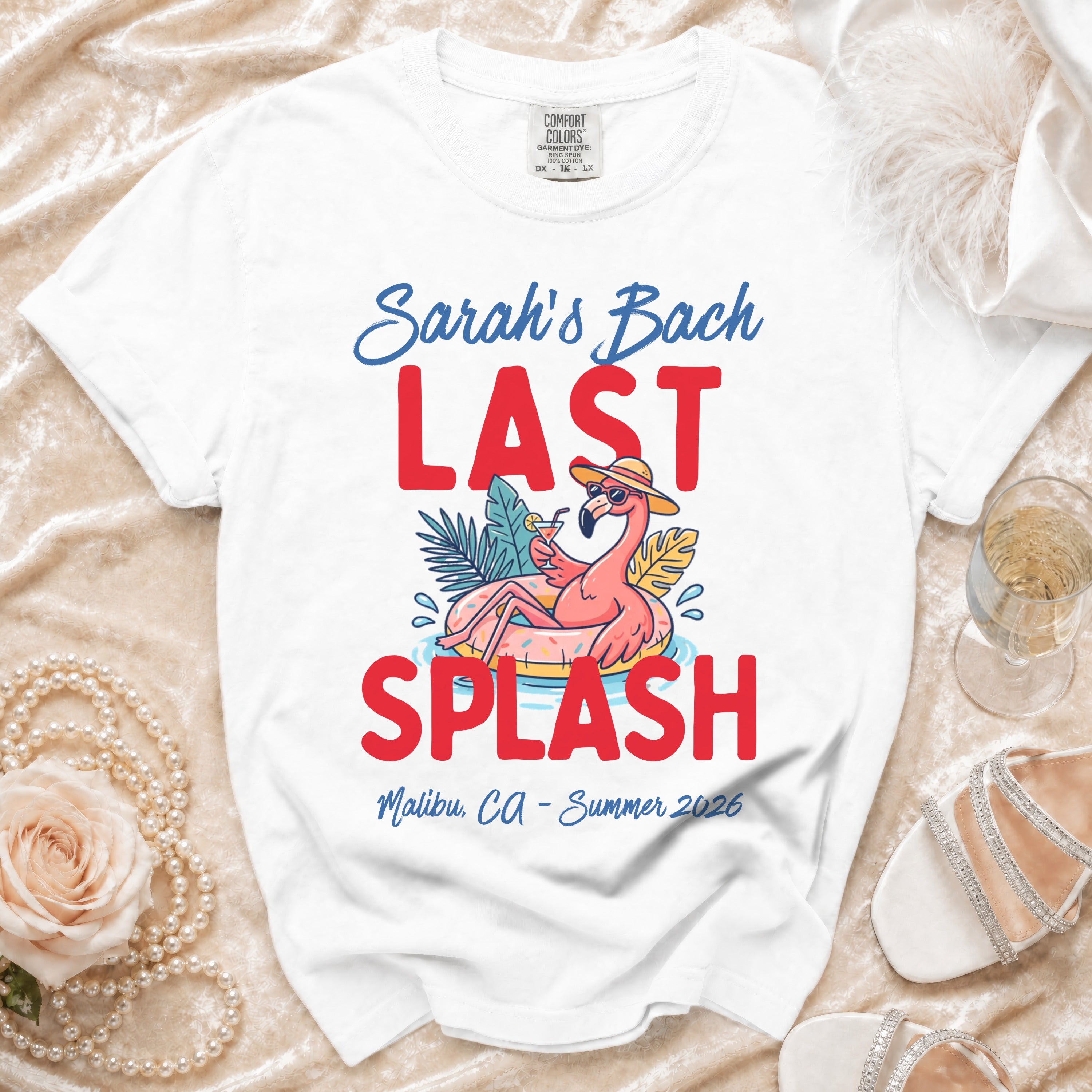 White t-shirt with "Sarah's Bach LAST SPLASH" and a flamingo.