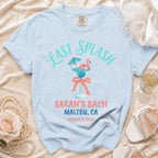 Light blue t-shirt with "Last Splash Sarah's Bach Malibu, CA Summer 2026" text.
