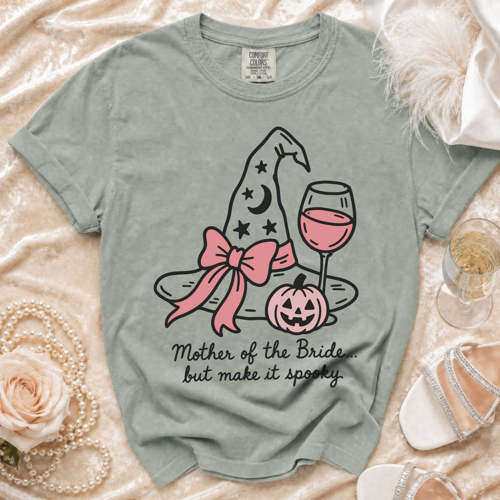 Green t-shirt with spooky Mother of the Bride Halloween graphic and text.