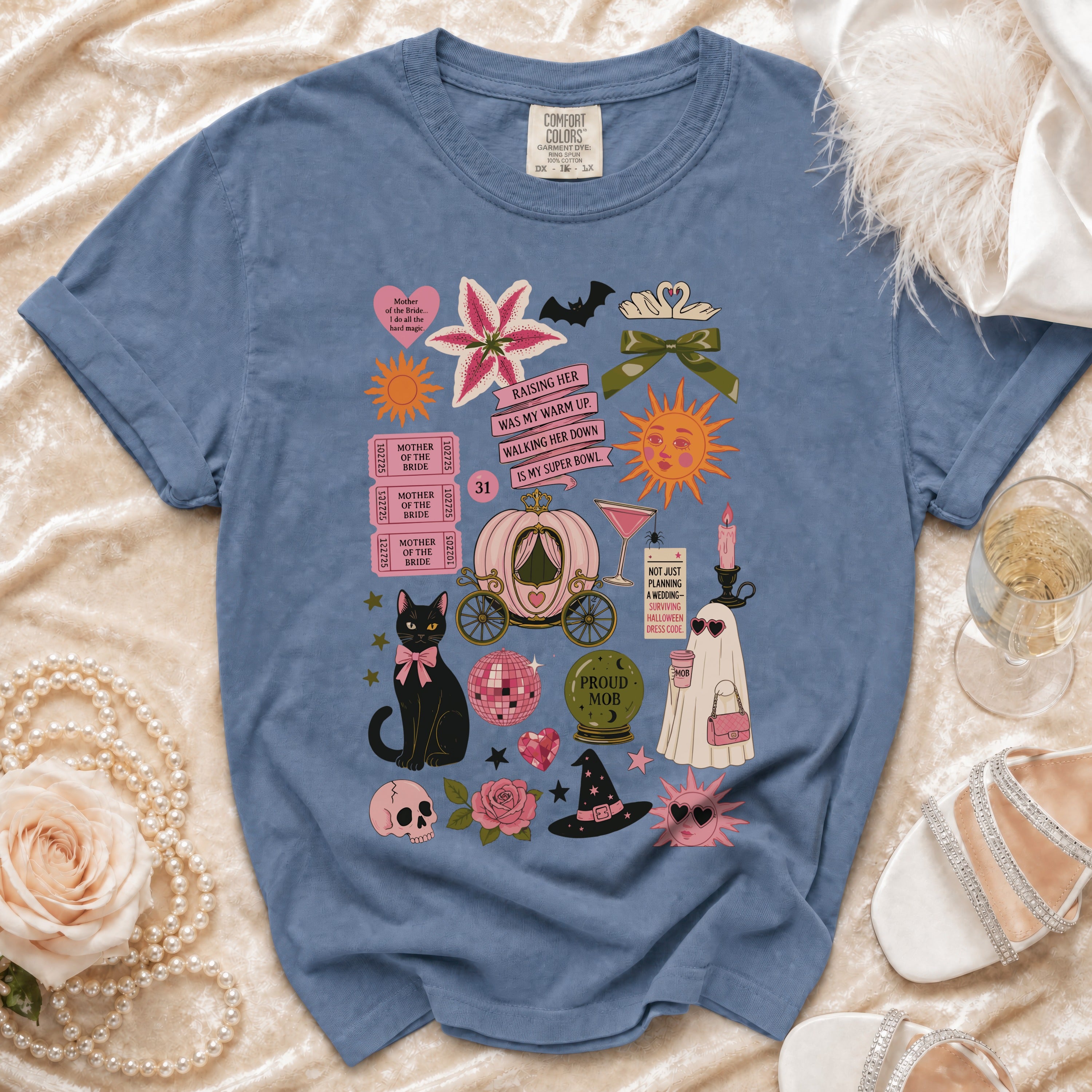 Blue t-shirt with "Raising her was my warm up. Walking her down is my super bowl." text and Halloween graphics.