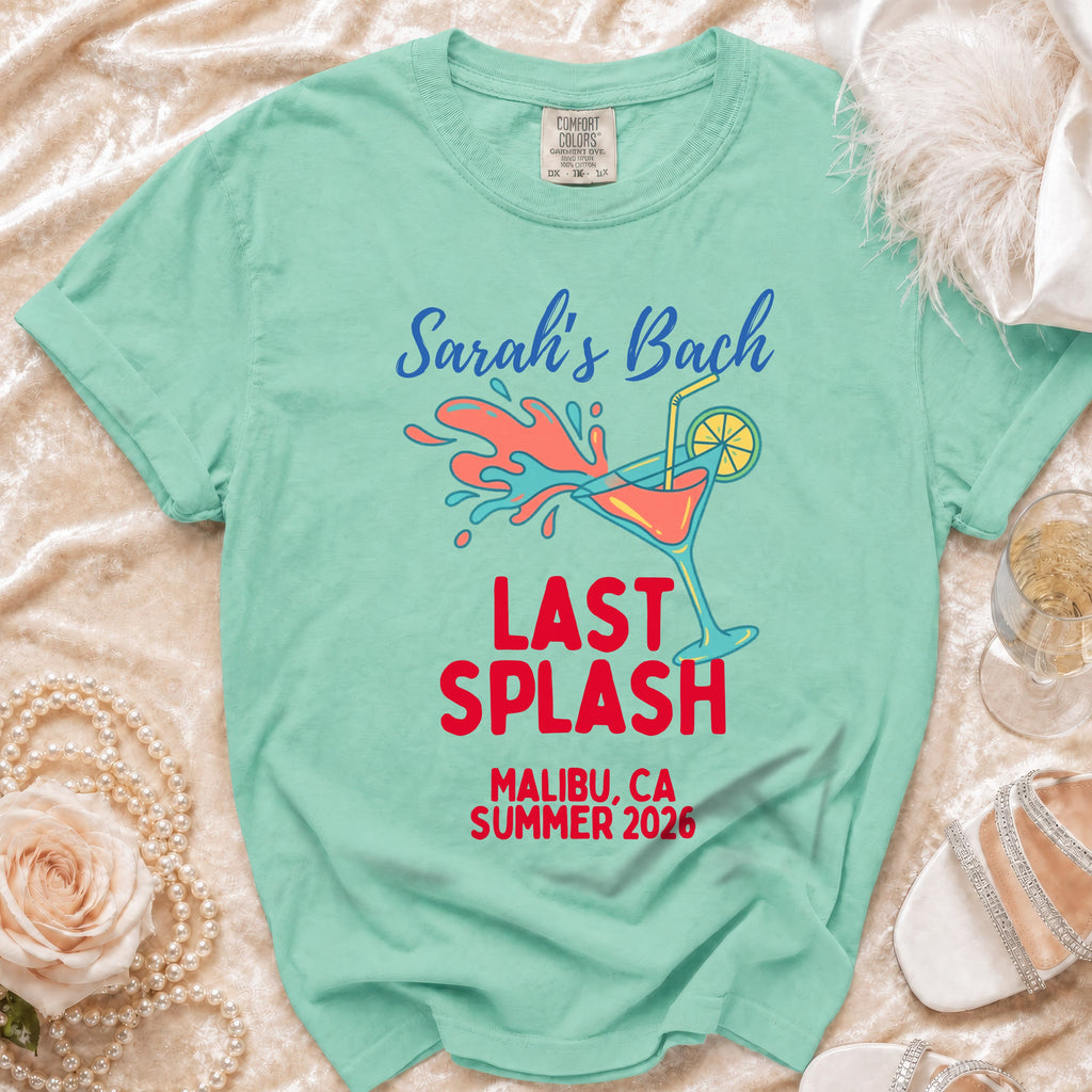 Sarah's Bach LAST SPLASH t-shirt in mint green with cocktail graphic.