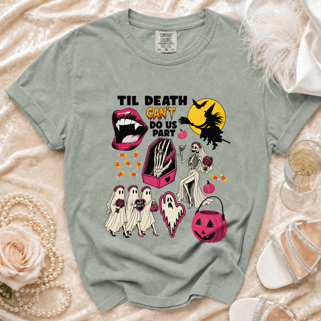 Green t-shirt with "Til Death Can't Do Us Part" Halloween graphic.
