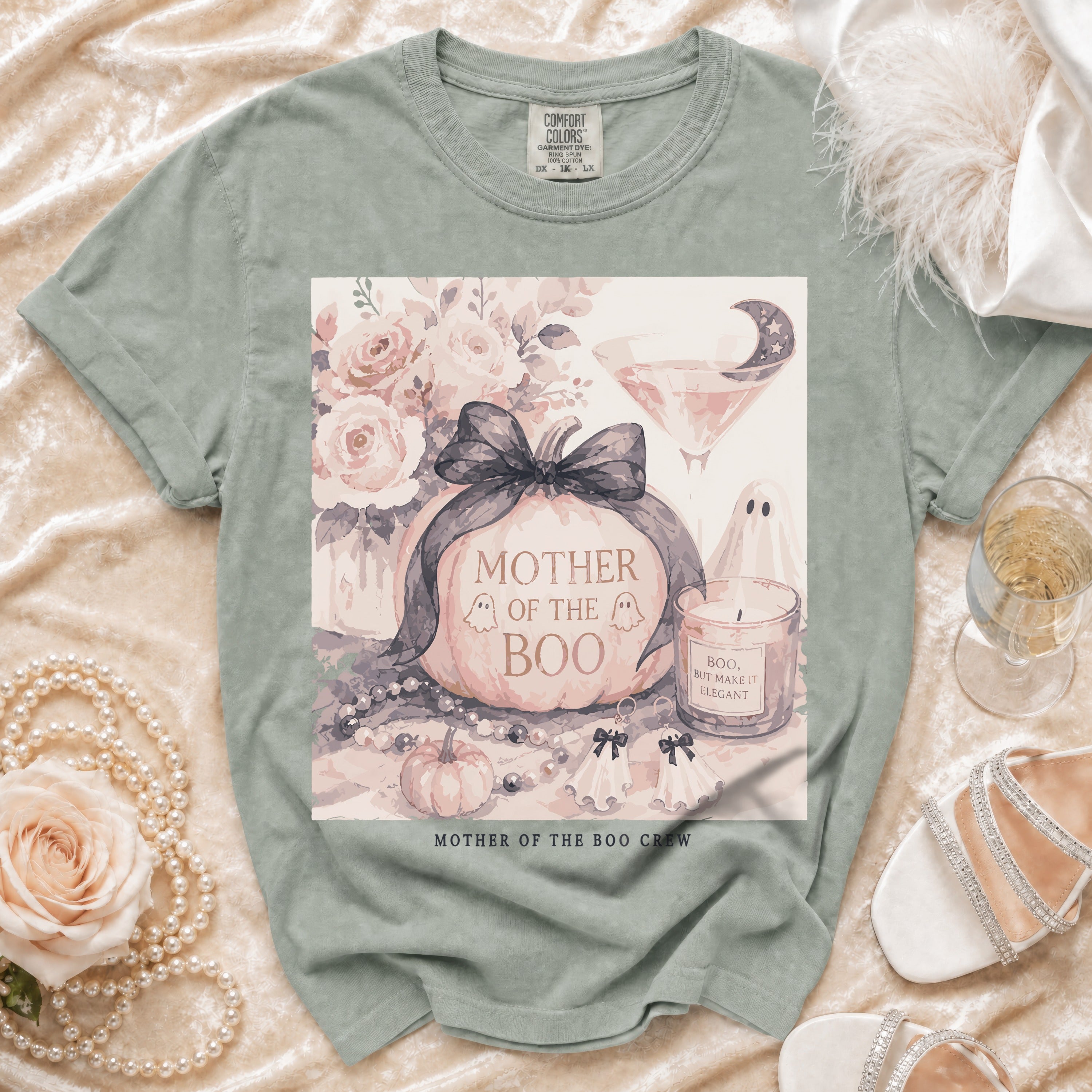 Green t-shirt with "Mother of the Boo" design, featuring a pumpkin, ghosts, and roses.